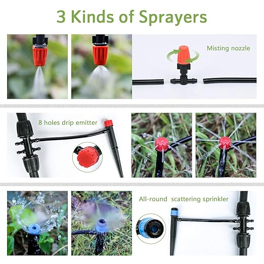 Drip Irrigation Kit, 169FT Greenhouse Watering System, 1/4 inch Automatic Patio Misting System for Garden with Distribution Tubing Hose & Adjustable Nozzle Emitters Sprinkler Barbed Fittings