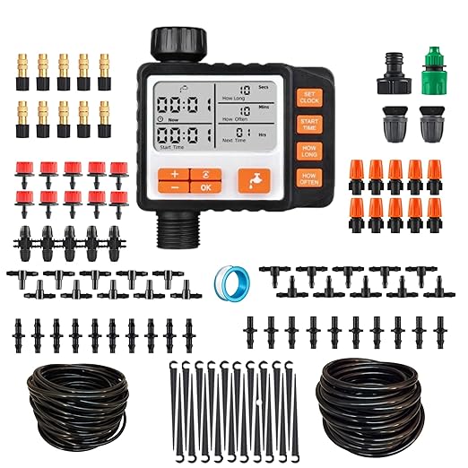 Drip Irrigation System Kit with Timer, Metal Mist, Plastic Mist Nozzle, Red Dripper, 1/4 (65.6 feet) and 5/16 Tube (32.8 feet),Automatic Watering System, Garden Watering System with Timer, Greenhouse