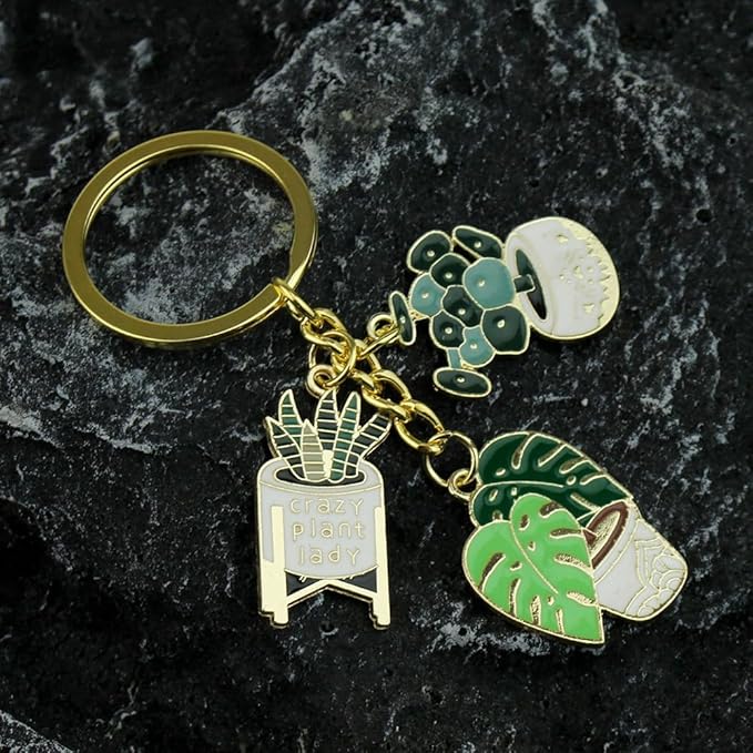 Caiyao Golden Ladies Succulent Potted Succulent Shaped Keychain Cute Plant Flower Pot Keyring for Bag Purses Keys DIY Accessories