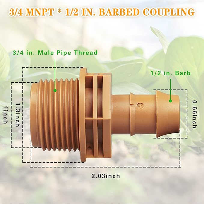 1/2 Inch Threaded Drip Irrigation Male Adapter：Drip Irrigation Universal PVC Adapter 3/4" Male Pipe Thread (MPT) x 1/2" Barb Coupling Swing Pipe Irrigation Fittings (10 Pack)