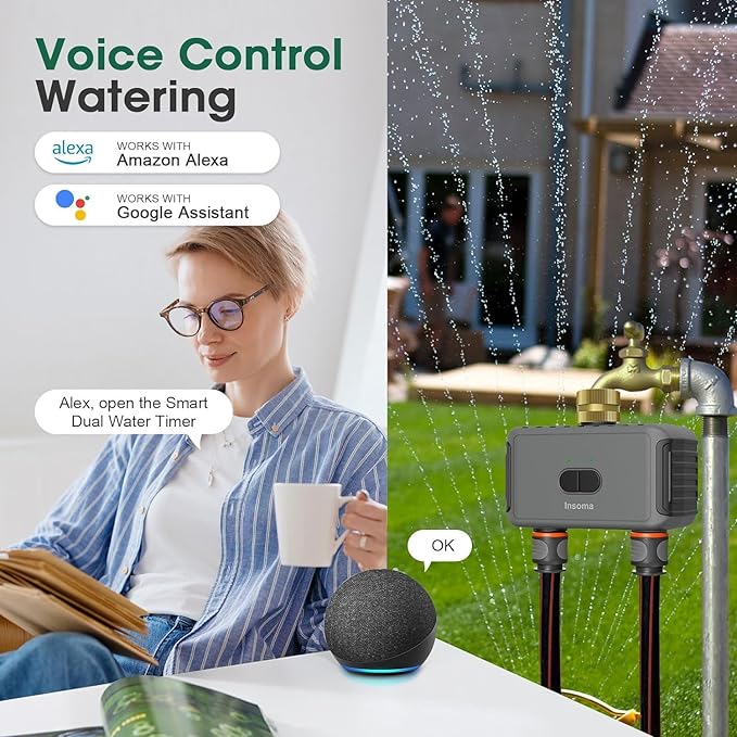 Smart Water Hose Timer Sprinkler Timer with 2 Outlet, Automatic Irrigation System Controller for Lawns and Yard, Compatible with Alexa Dark Gray-Brass Inlet & Brass Outlet (2-Outlet)