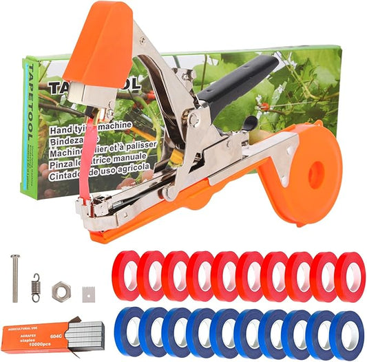 Plant Tying Machine to Tie Up Vine Quickly with 20 Rolls of Tapes+10000pcs Staples for Gardeners Farmers Gardening Tying Tool(Orange)