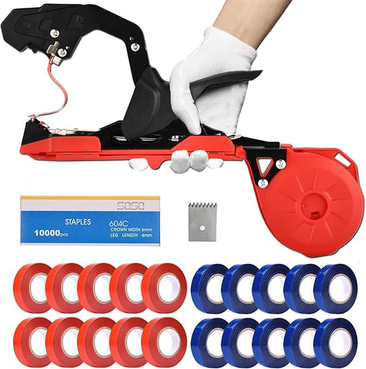 Suca Plant Tying Machine, Lightweight Plant Tying Tape Tool to Tie Up Vine Quickly, Plant Tie Tapener Gun with Tapes and Staples, Red