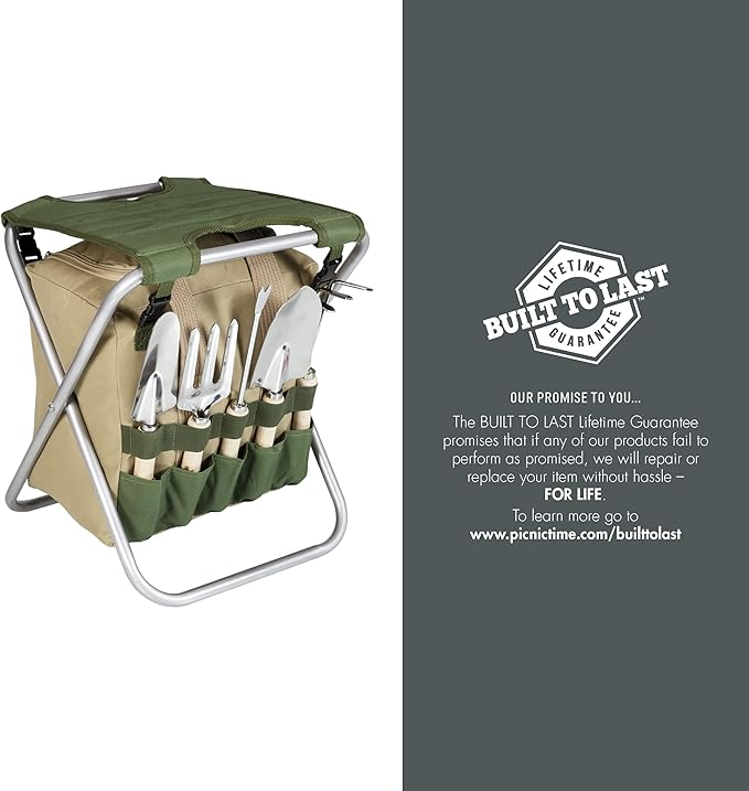 Picnic TIME Star Wars Mandalorian Grogu Gardener 5 Piece Gardening Tools Set with Garden Stool, Gardening Gifts, Garden Tool Set, (Olive Green with Beige Accents)