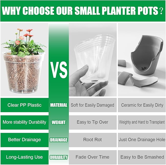 40 Pack 3.5 Inch Clear Nursery Pots for Plants, Sturdy Plastic Plant Pot for Planting Vegetables Flowers Seedlings, Transparent Seed Starter Pots with Drainage Holes(40P-3.5" Clear)