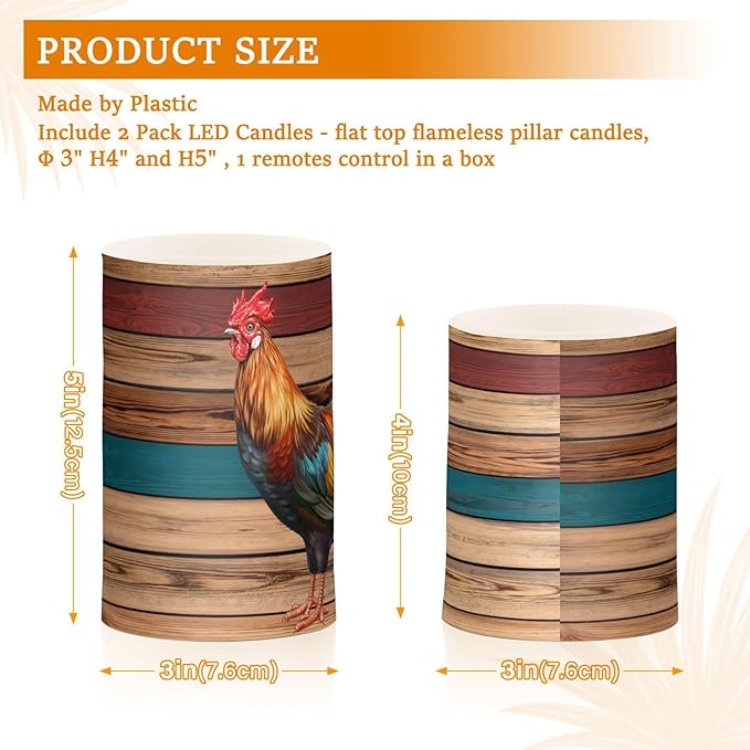 Flickering Flameless Candles, Rooster LED Candles with Remote Timer, Set of 2 Battery Operated Candle for Valentine Wedding Birthday