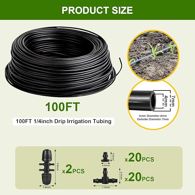 100FT 1/4 Inch Drip Irrigation Tubing, Distribution Hose Tube Kit Includes 2pcs 6-Way Connectors & 20pcs 1/4" Tee Splitters and End Plugs for Garden DIY Water-Saving Drip Irrigation System
