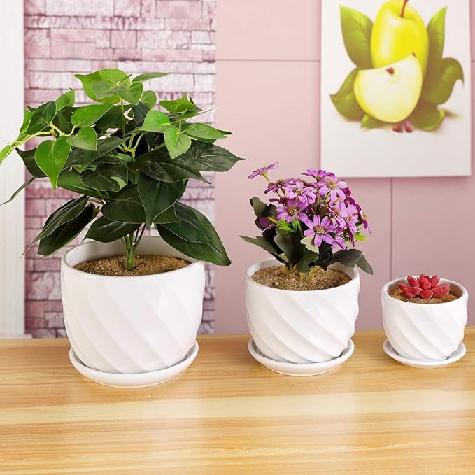 Set of 3 Ceramic Plant Pot - Flower Plant Pots Indoor with Saucers,Small to Medium Sized Round Modern Ceramic Garden Flower Pots (White)