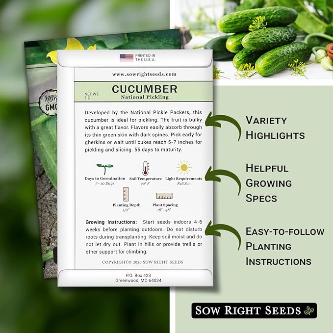 Sow Right Seeds - National Pickling Cucumber Seeds for Planting - Non-GMO Heirloom Packet with Instructions to Plant and Grow a Home Vegetable Garden - Famous Variety for Homemade Pickles (4)