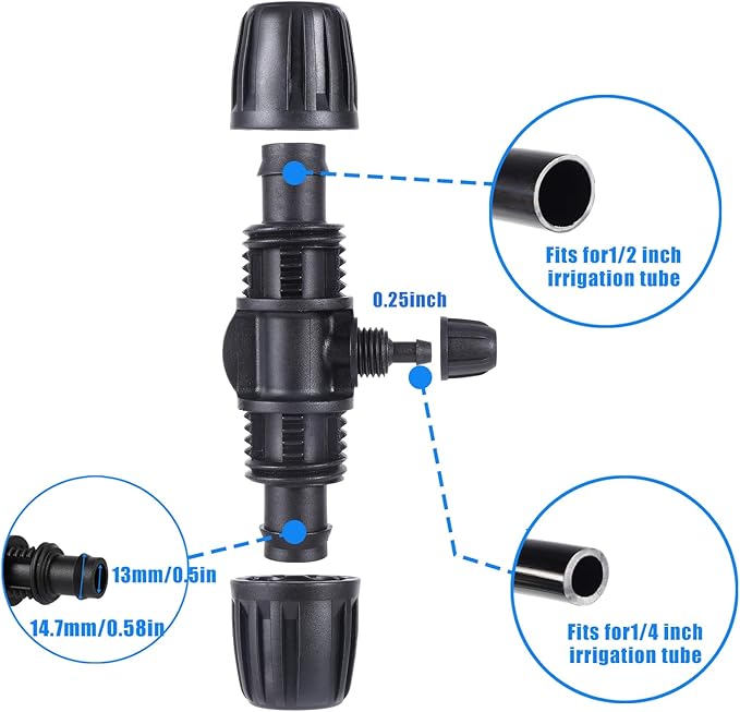 Locked Barbed Tee Connectors,1/2 Inch to 1/4 Inch Irrigation Tubing Fittings Kit for (1/2'' ID x 0.60''-0.63'' OD) 16mm Drip Tubing (20 Pcs Barbed Tee 3-Way)