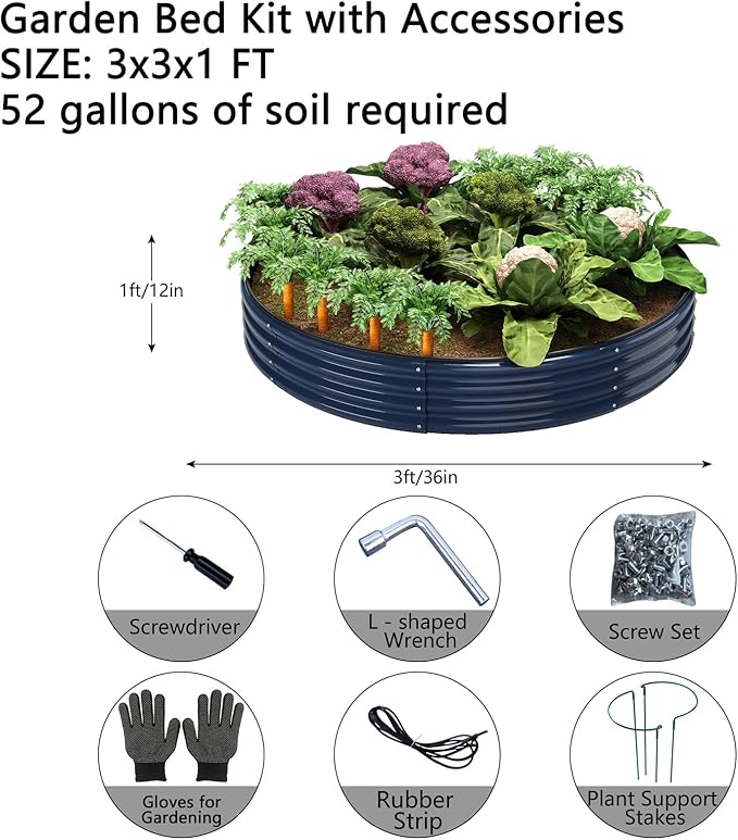 Galvanized Metal Planter Round Raised Garden Bed Kit for Gardening Outdoor，3x3x1ft Grow Garden Box Raised Flower Bed，Round Galvanized Planter Outdoor Large Metal Fire Pit Ring