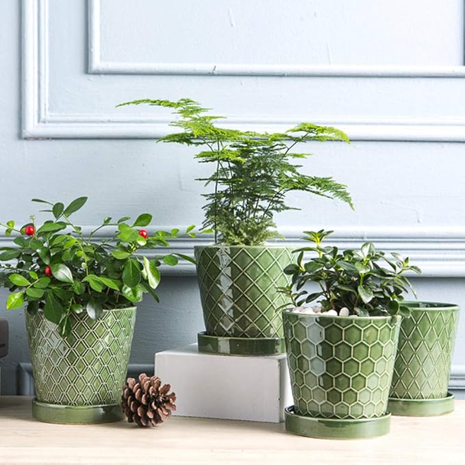 Plant Pots Indoor –5 inch Ceramic Flower Pot with Drainage Hole and Ceramic Tray - Gardening Home Desktop Office Windowsill Decoration Gift, Set of 4-Plants NOT Included (Patina)