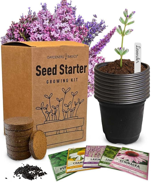 Tea Growing Kit - Includes Medicinal Lavender, Chamomile, Lemon Balm, Peppermint and Echinacea Heirloom Garden Seeds, Grow Pots, Soil, Plant Markers, Indoor Herb Garden Kit Outdoor Tea Garden Kit