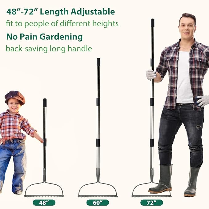 Garden Rake, 6 FT Bow Rakes for Lawns Heavy Duty, Yard Metal Rake with Adjustable Long Handle, 14 Tines Rake Head, Gardening Tool for Loosen Soil, Gather Leaves, Level Mulch, Remove Debris
