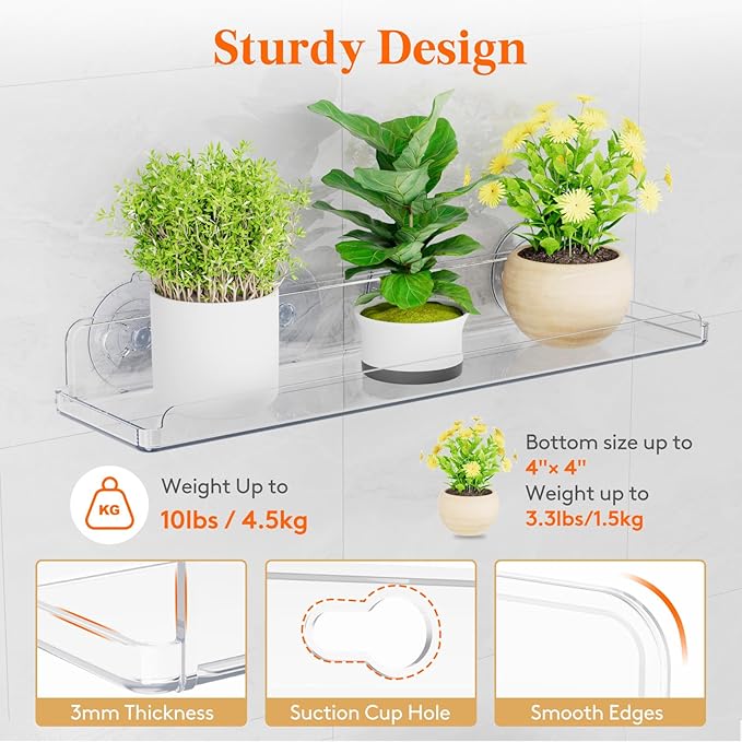 Lifewit Window Plant Floating Shelves 15 inch, 3 Pack Acrylic Suction Cup Shelf, Window Sill Extender for Indoor Succulent Plants, Micro Greens, Seed Starter Pots, Herb Planters