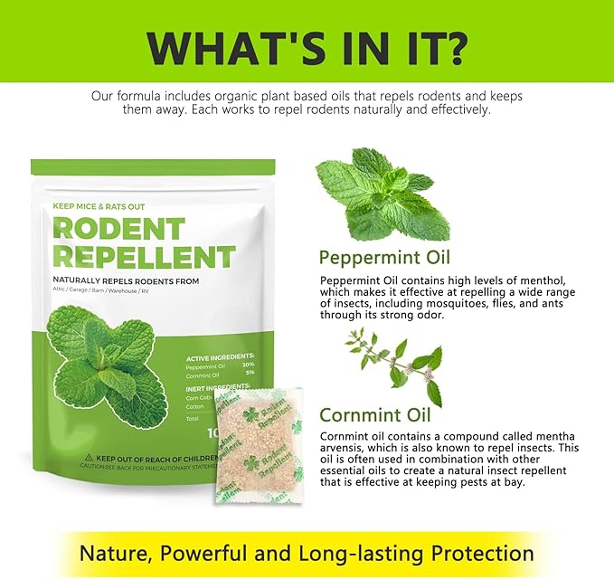 Mice Repellent Indoor, Peppermint Oil to Repel Mice and Rats, Extra-Strength Plant-Based Mice Repellent Rat Repellent for House Squirrel Repellent Rodent Deterrent for Indoor Use (Pack of 10)