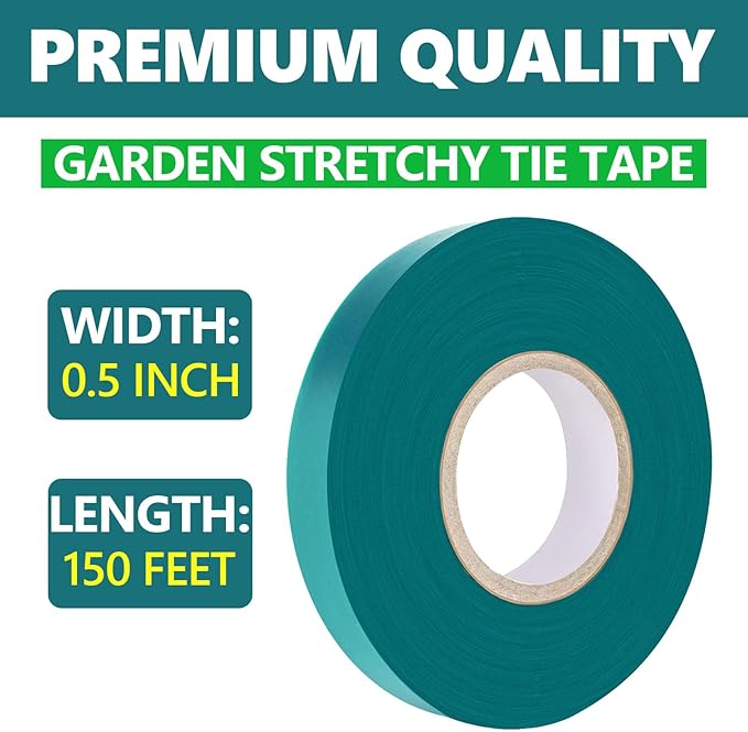 Stretch Tie Tape Roll, 1/2" 150ft Garden Tie Tape, Thick Sturdy Plant Ribbon Garden Green Vinyl Stake Gardening Tools for Indoor Outdoor Patio Plant Use (10 Pack)
