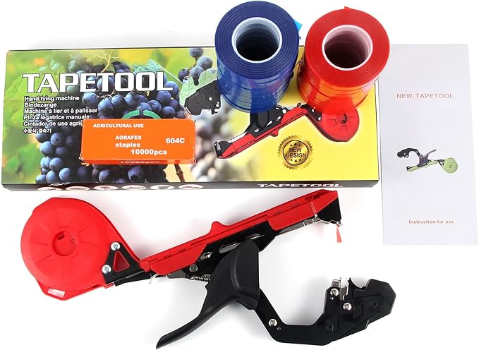 Plant Tying Machine,Plant Vine Tying Machine Tool with 10000pcs Staples 20 Rolls Tape Plant Tape Gun for Grapes Raspberries Tomatoes and Vining Vegetables Tying Tool(red)