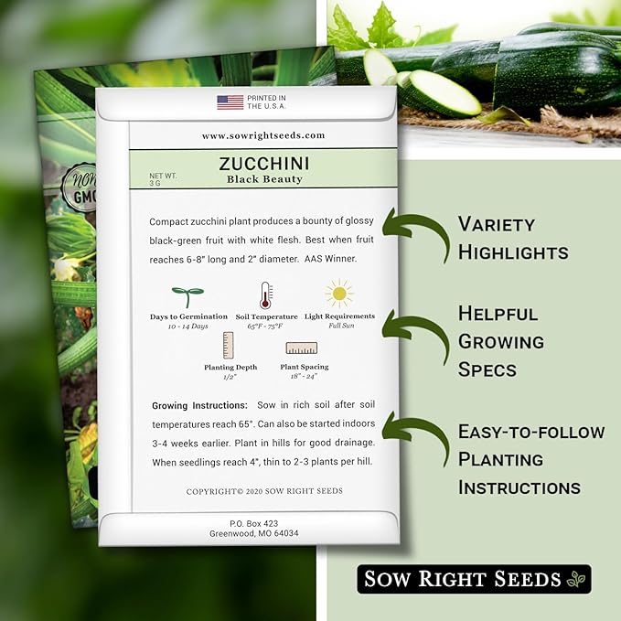 Sow Right Seeds - Black Beauty Zucchini Seeds for Planting - Non-GMO Heirloom Packet with Instructions to Plant a Home Vegetable Garden - Summer Squash - Classic Zucchini Good for Large Containers (3)