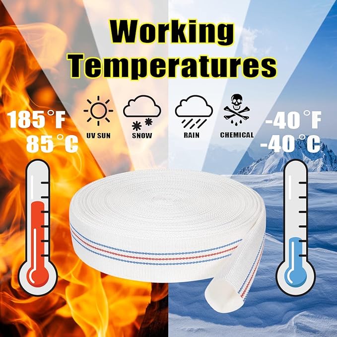 Foresee 1.25 in x 65 ft Backwash Discharge Hose Heavy Duty Reinforced, PVC Lay-Flat Fire Hose (White) with Dual Clamps, for Swimming Pool Pipe, Pump, Water Transfer, Garden Irrigation