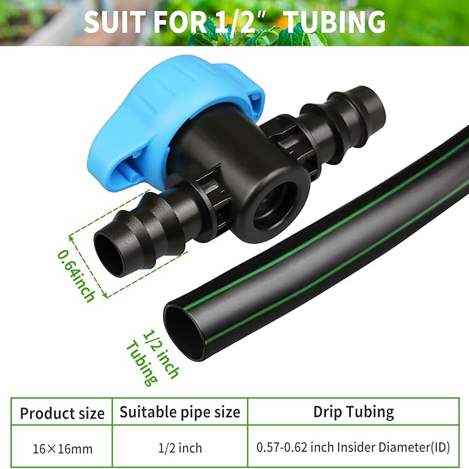 6 Pack Drip Irrigation 1/2 inch Barbed Valve, Drip Line Parts 1/2" Shut Off Valve Fits for 1/2 Inch Drip Irrigation Tubing (.570-.620" ID) for Drip or Sprinkler Systems