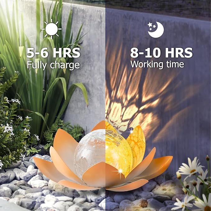 Garden Solar Light Outdoor(2Pack),Crackle Globe Glass Lotus Decoration, Waterproof Metal LED Flower Lights for Patio,Lawn,Walkway,Tabletop,Ground