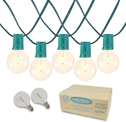 Novelty Lights 50 Feet G40 LED Patio String Lights with 50 Bulbs, Warm White, Weather Resistant and Shatterproof Replaceable Plastic Globe Bulbs, Green Wire