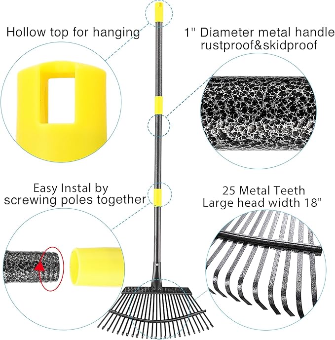 Leaf Rake, 30-76 inch Garden Rakes for Leaves Heavy Duty Long Handle, 25 Tines 18" Wide Metal Thatch Lawn Gravel Shrub Yard Landscape Rake for Leaves and Grass