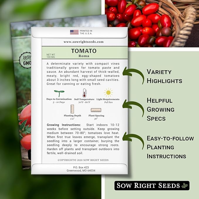 Sow Right Seeds - Roma Tomato Seeds for Planting - Non-GMO Heirloom Packet with Instructions to Plant a Home Vegetable Garden - Classic Medium Red Tomato - Great for Sauce Making (2)