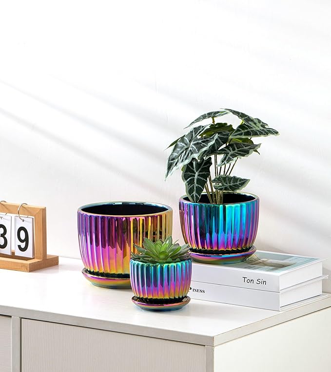 Ton Sin Flower Pots, Purple Ceramic Plant Pots Set of 3,Small Glazed Succulent Pots with Drainage Hole,Cactus Planter with Saucer,Outdoor Garden Pots (Colorful Gold)
