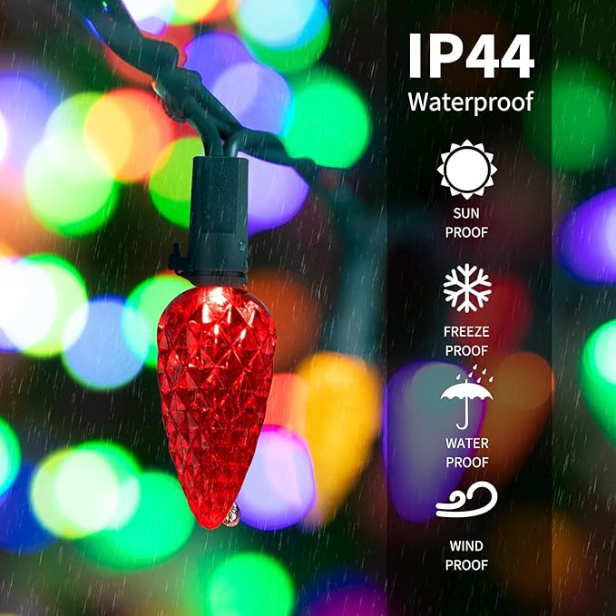 C6 LED Christmas String Lights - 2 Pack 20ft 60LED Battery Operated Strawberry String Lights with Timer and 8 Light Modes for Christmas Trees, Wreaths, Indoor Outdoor Xmas Decor, Multicolor