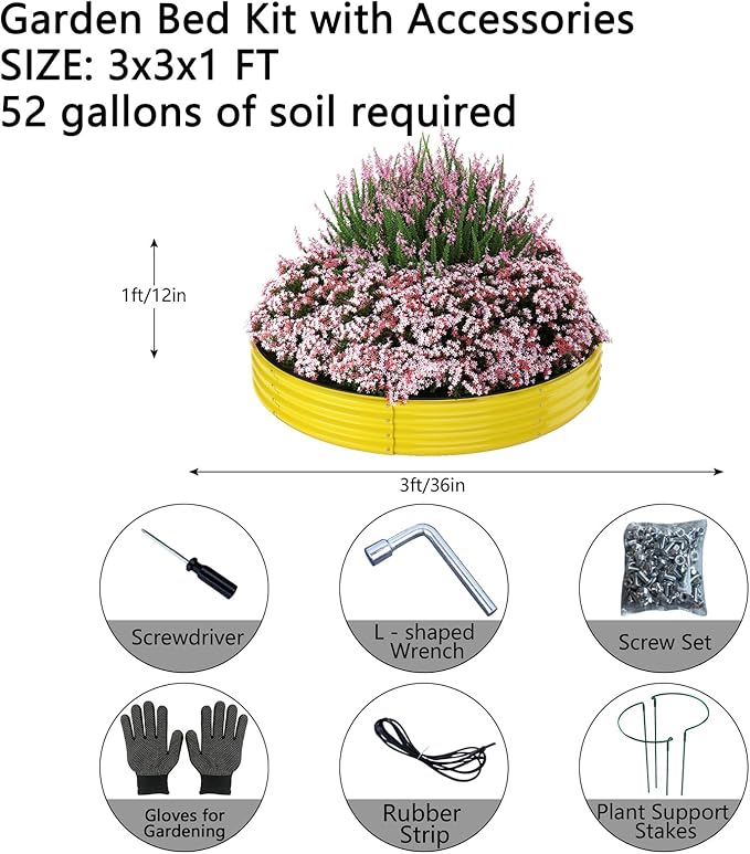 Galvanized Metal Planter Round Raised Garden Bed Kit for Gardening Outdoor，3x3x1ft Grow Garden Box Raised Flower Bed，Round Galvanized Planter Outdoor Large Metal Fire Pit Ring