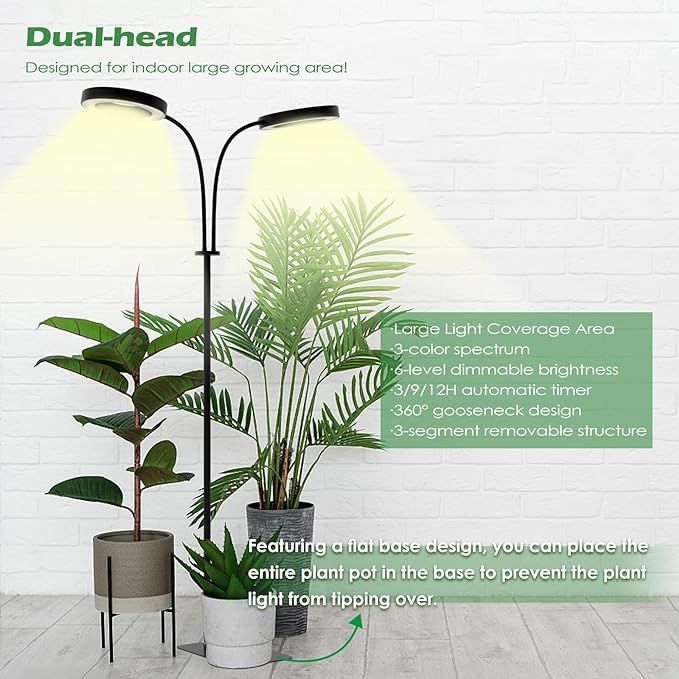Grow Light, 2-Head LED Floor Plant Growing Lamp, Full Spectrum Plant Light for Indoor Plants, Extended&Built-in Power Cord, Automatic On/Off Timer, 6-Level Dimming, Adjustable Height of 63 in