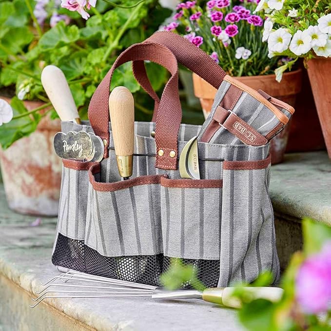 Sophie Conran Burgon & Ball Grey Stripes Garden Tool Storage Bag Holder with 8 Pockets