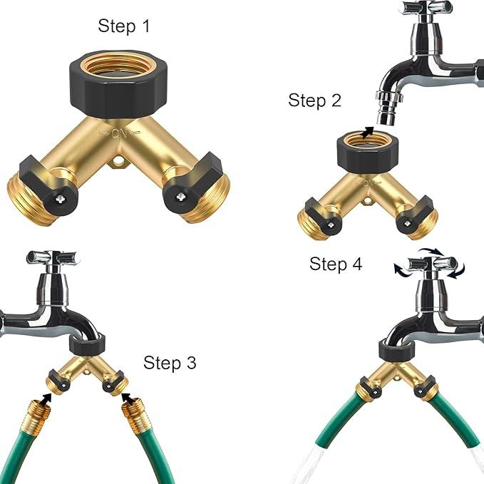 Twinkle Star Garden Hose Splitter 2 Way Heavy Duty, Y Connector Brass Garden Hose Adapter, Hose Bib Splitter with 2 Extra Rubber Washers, Water Hose Splitter, Hose Spigot, Connectors & Accessories