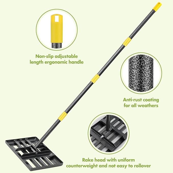 Lawn Leveling Rake,17"x10" Lawn Leveler Tool for Lawns with 6FT Ergonomic Handle,Heavy Duty Leveling Rakes for Lawns,Yard Garden Golf Course, Ease Level Soil Sand Dirt Surfaces…