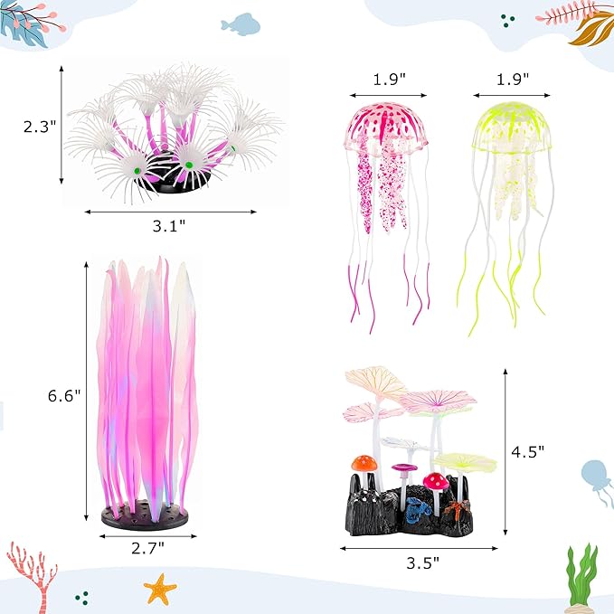 Lpraer 5 Pack Glow Aquarium Decorations Kelp Coral Mushroom Sun Flower Jellyfish Simulation Glow Plant Glowing Effect Silicone for Fish Tank Decorations