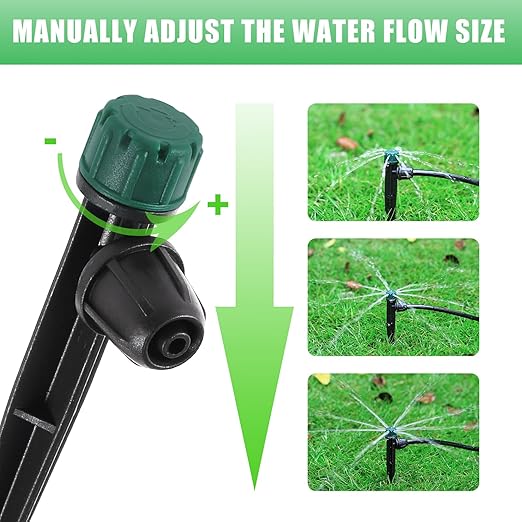 Drip Irrigation Emitters for 1/4" Drip Tubing,Adjustable 360 Degree Automatic Irrigation Drippers on 5.5" Arrow Stake,with1/4 Locked Tee for Watering System(10Pcs Drippers and 10Pcs Tee)