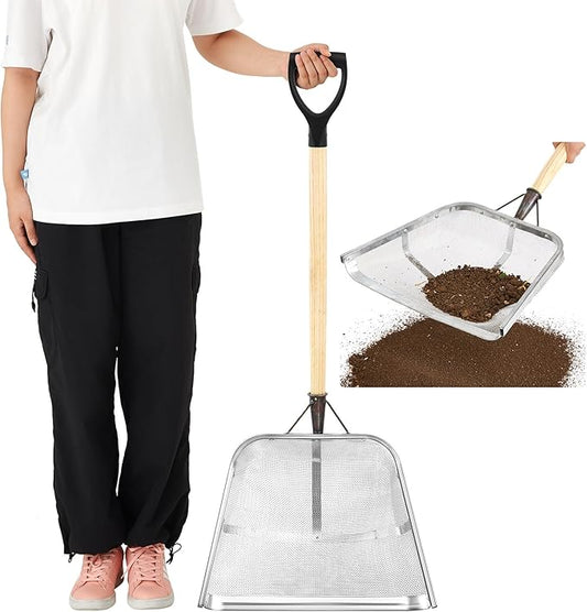 Leaking Soil Shovel Filter Stainless Steel Sieve 2mm Mesh Sifting Shovel with D Grip Wood Handle for Gardening Farm Chicken Coop and Goat Stall