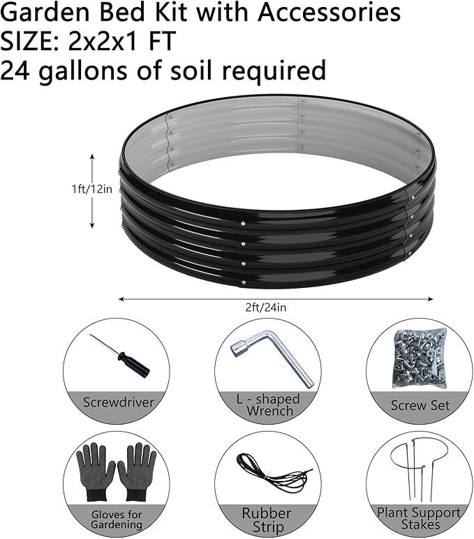 Galvanized Metal Planter Round Raised Garden Bed Kit for Gardening Outdoor，2x2x1ft Grow Garden Box Raised Flower Bed，Round Galvanized Planter Outdoor Metal Fire Pit Ring Black