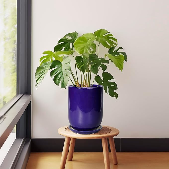 Ceramic Plant Pot - 8 Inch Planter for Indoor Plants Outdoor Flower Pot with Drainage Hole and Saucer Home Patio Office Decor Blue
