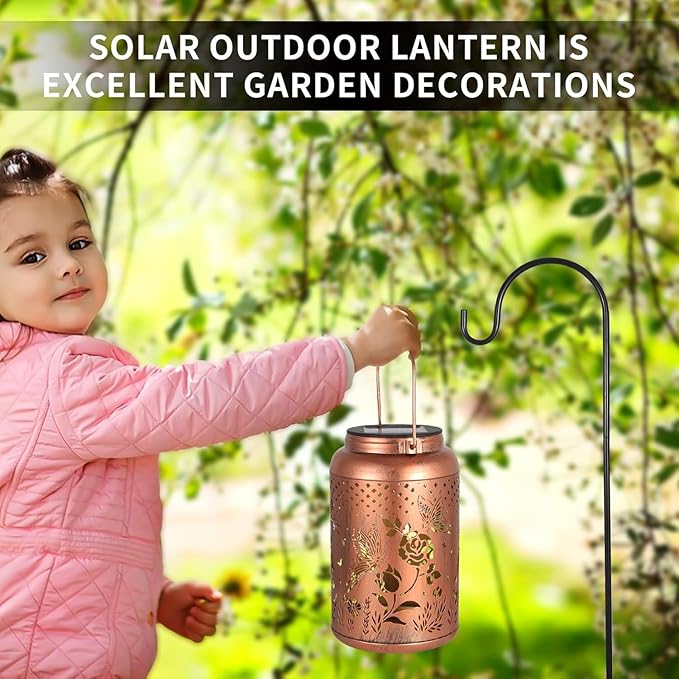 2 Pack Solar Lanterns Outdoor Waterproof, Butterfly Rose Garden Decor Birthday Gifts for Women Mom Grandma Hanging Solar Lights Metal Solar Decoration Outside for Yard, Patio, Lawn, Pathway