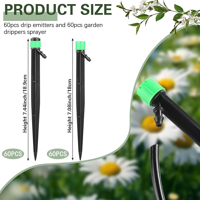 120 Pcs Drip Irrigation Emitters for 1/4'' Drip Irrigation Tubing 60 Irrigation Emitters Sprayer 60 Adjustable 360 Degree Water Flow Drippers for Patio Lawn Garden Watering