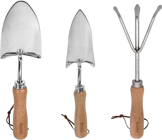 Rooty Gardening Tool Set 3 Pieces Stainless Steel Heavy Duty Gardening Kit Includes 2 Sizes of Hand Trowels and Cultivator Easy for Garden Cultivating Soil Lossening Transplanting Digging