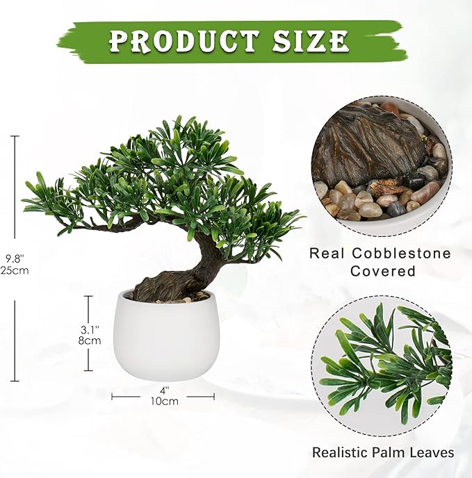 DILATATA Fake Bonsai Tree Zen Juniper Bonsai Plant 10” Tall Artificial Bonsai Trees with White Ceramic Pot Decorated with Pebbles Desk Plant Indoor Bonsai for Home Office Decor