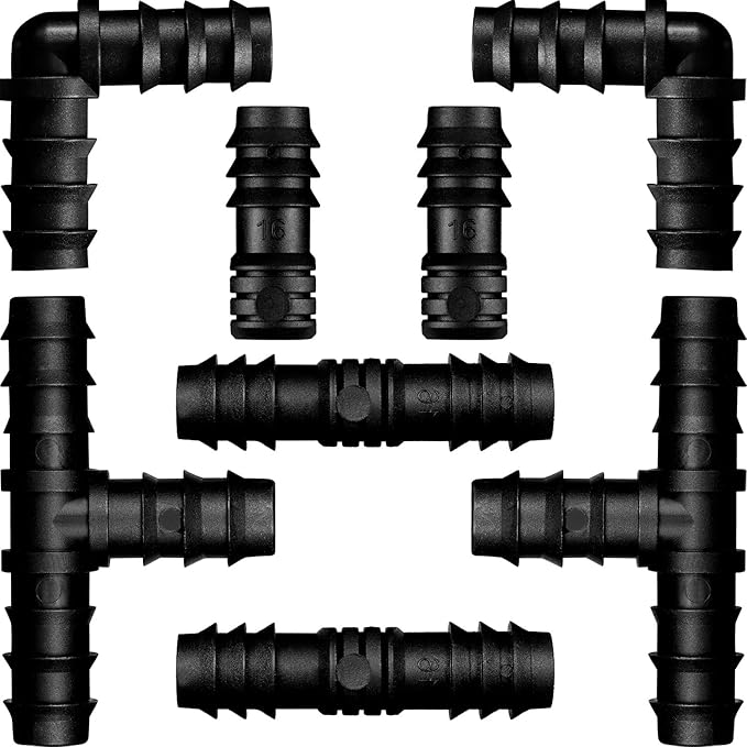 Maitys 8 Pieces Drip Irrigation Barbed Tee Fittings 1/2 Inch Universal Barbed Tee Fittings Connectors Drip Plastic Soaker Hose Connectors Hose End Stop, Black(Mixed)