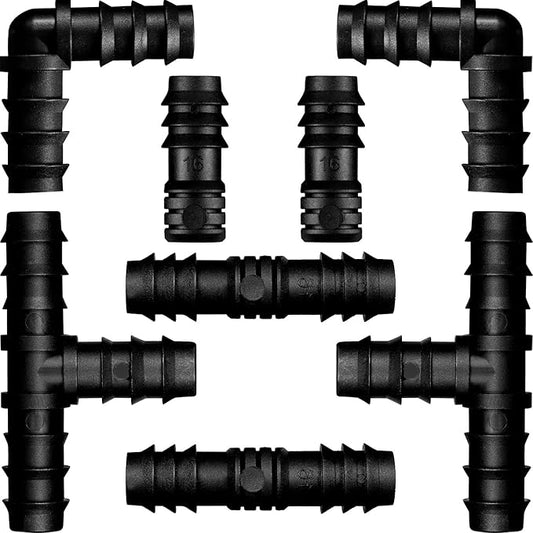Maitys 8 Pieces Drip Irrigation Barbed Tee Fittings 1/2 Inch Universal Barbed Tee Fittings Connectors Drip Plastic Soaker Hose Connectors Hose End Stop, Black(Mixed)