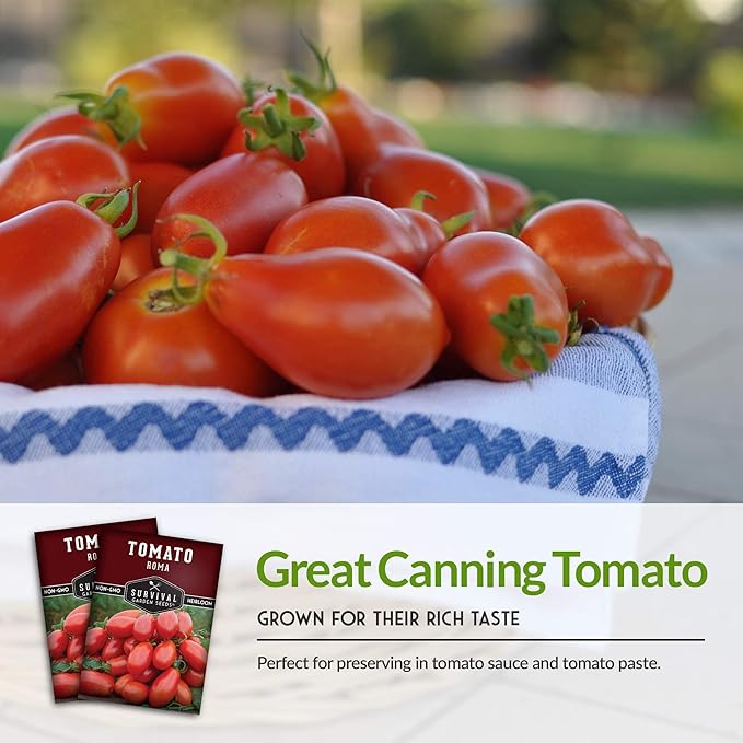 Survival Garden Seeds - Roma Tomato Seed for Planting - 5 Packs with Instructions to Plant and Grow Italian Roma Tomatoes in Your Home Vegetable Garden - Canning Favorite - Non-GMO Heirloom Variety