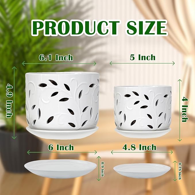 Set of 2 Orchid Pots with Holes & Saucers for Orchid Root Health, 5 inch&6 inch Ceramic Pots for Plants, Effective Drainage and Ventilation to Assist New Plants or Repotting