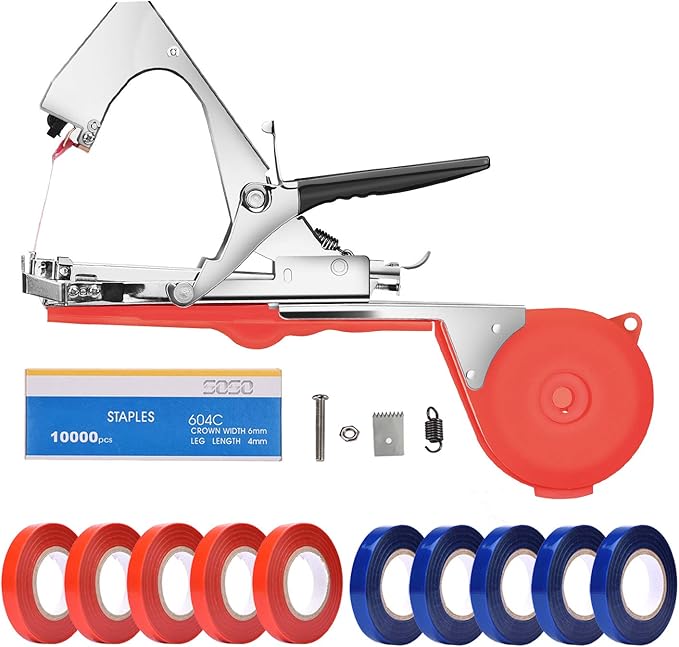 Plant Tying Machine Tape Tool for Tomatoes Peppers Grapes Cucumbers and Vining Vegetables Quickly and Easily Tie, Great for Gardeners Farmers, with Tapes, Spare Parts, Staples - Red